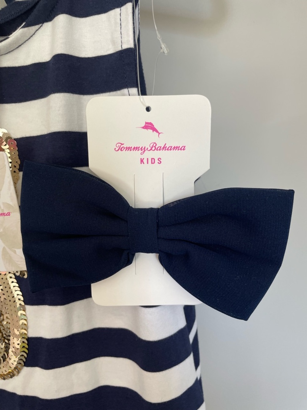 Tommy Bahama Navy & White Striped Girls Dress W Gold Sequin Seahorse & Hair Bow - Picture 9 of 10